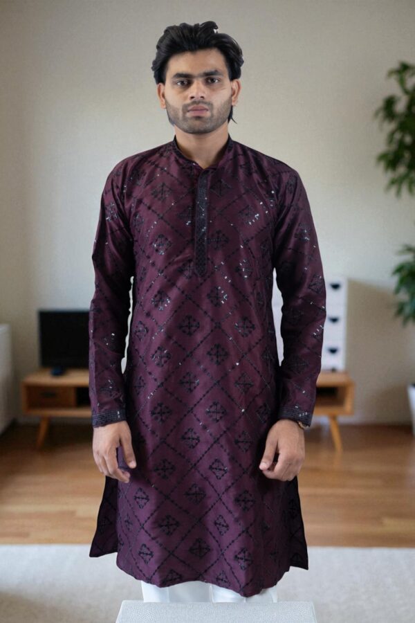 wine color fancy silk kurta pajama set - Image 2