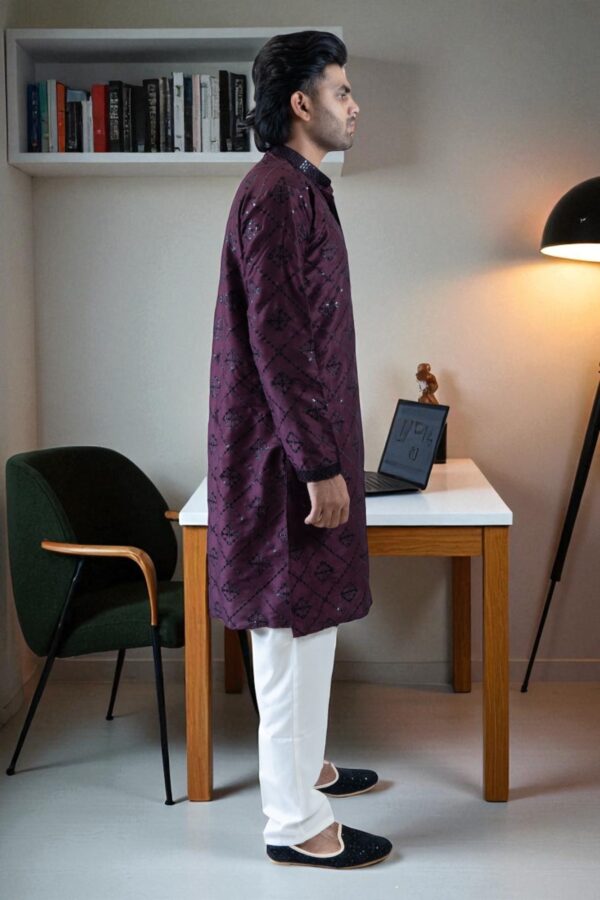 wine color fancy silk kurta pajama set - Image 3