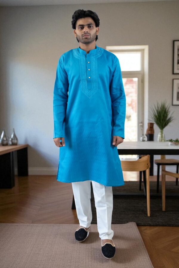 Blue Cotton Kadai Kurta Pajama - Image 4
