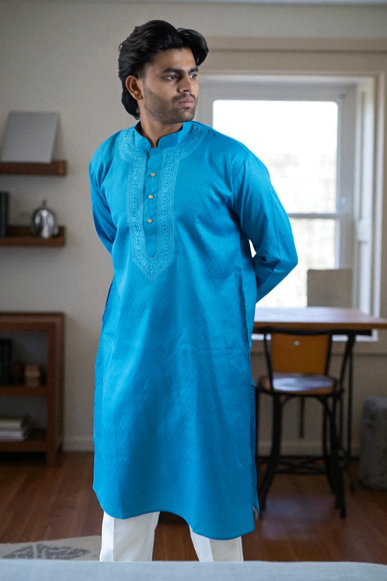 Blue Cotton Kadai Kurta Pajama