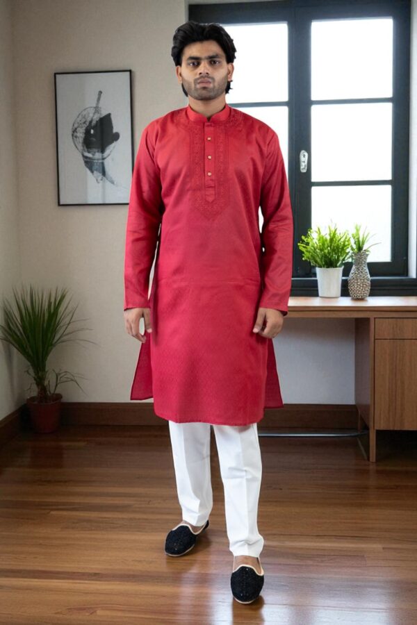 Red cotton kadai kurta pajama for men - Image 2