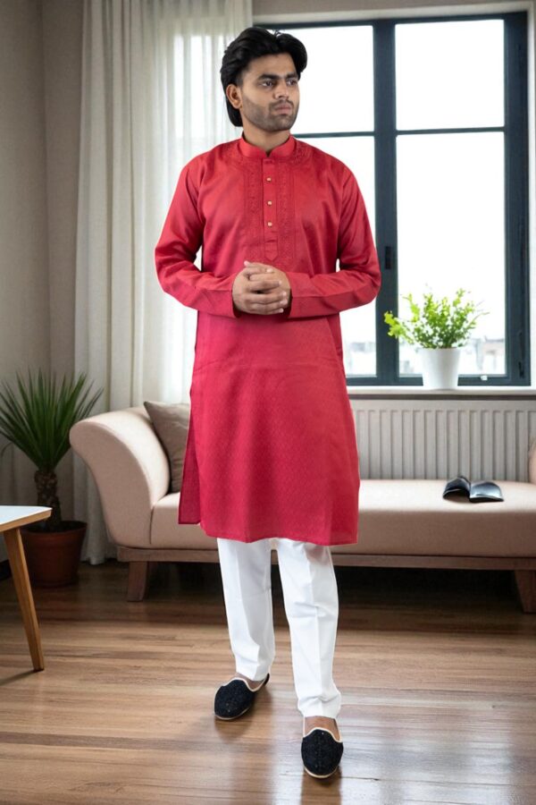 Red cotton kadai kurta pajama for men - Image 3