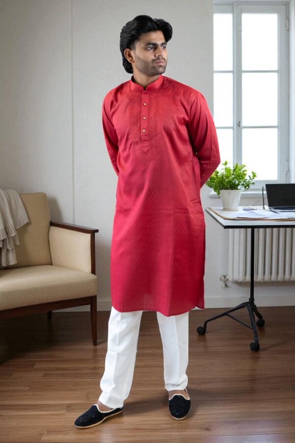 Red cotton kadai kurta pajama for men - Image 5