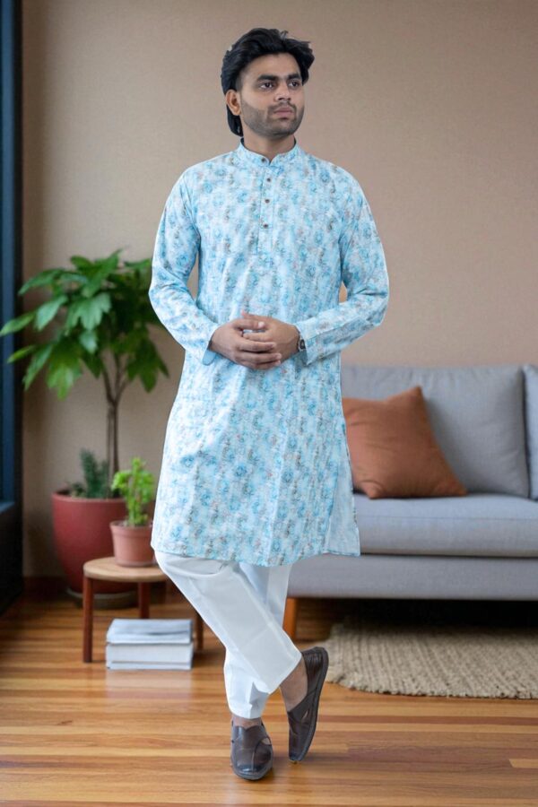 Sky Blue Printed Kurta Pajama – Cotton Fabric - Image 6