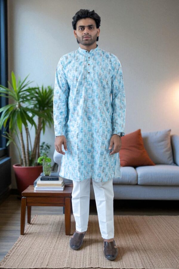Sky Blue Printed Kurta Pajama – Cotton Fabric - Image 7