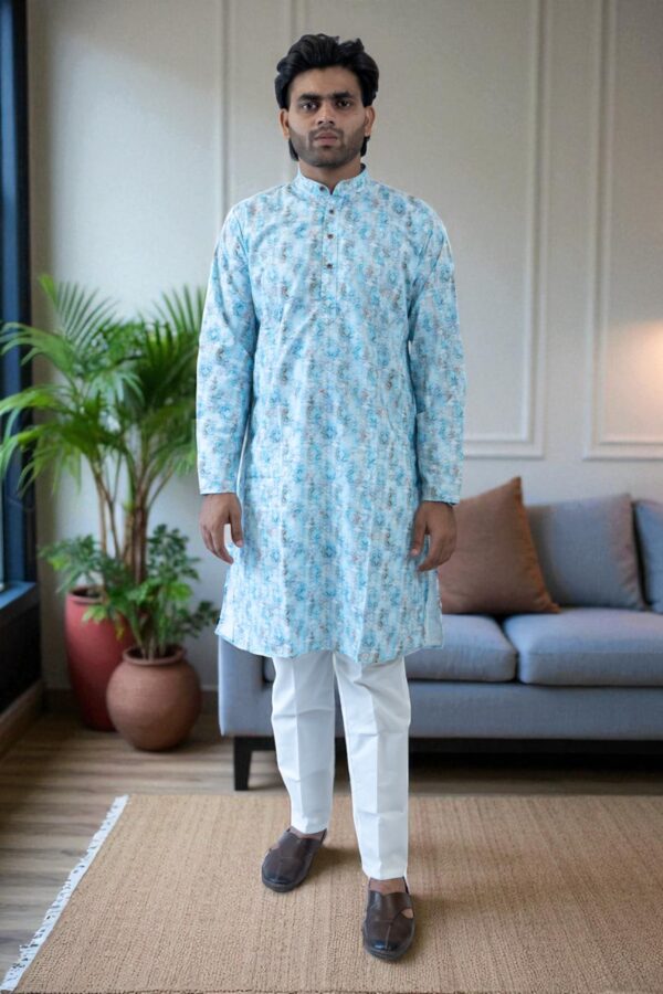 Sky Blue Printed Kurta Pajama – Cotton Fabric - Image 2