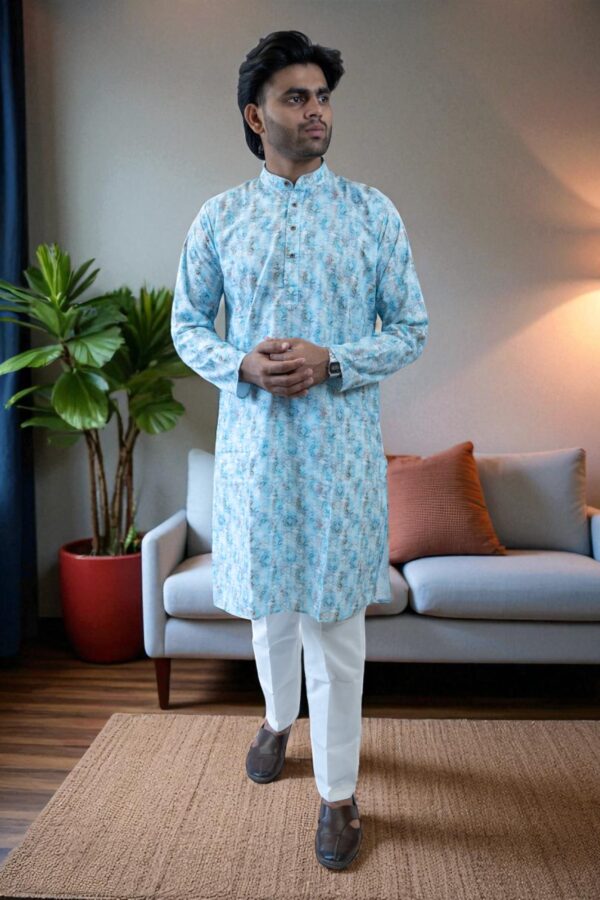 Sky Blue Printed Kurta Pajama – Cotton Fabric - Image 3