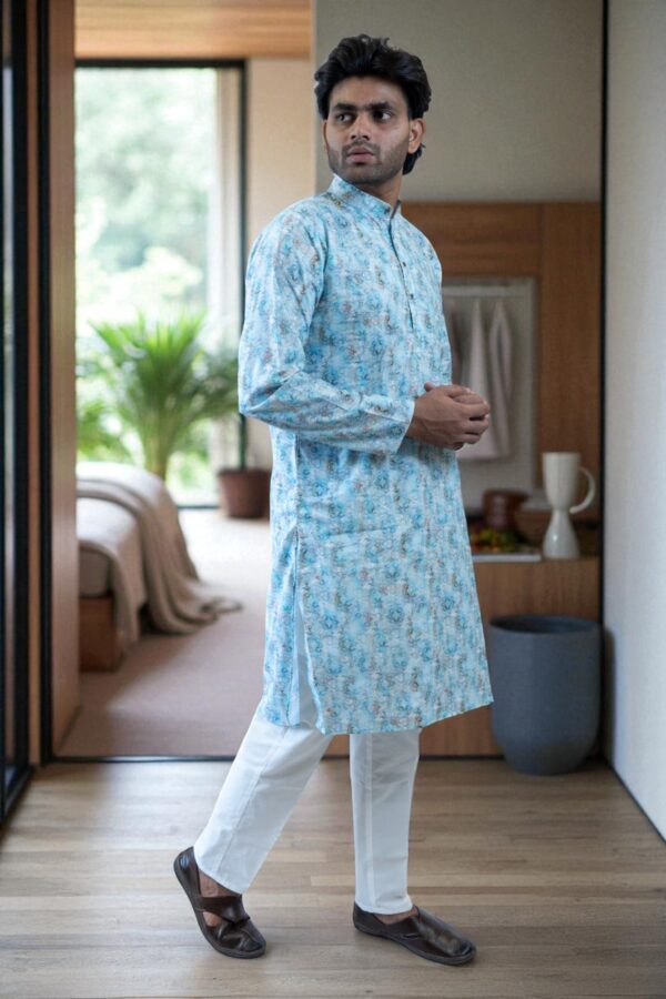 Sky Blue Printed Kurta Pajama – Cotton Fabric - Image 4