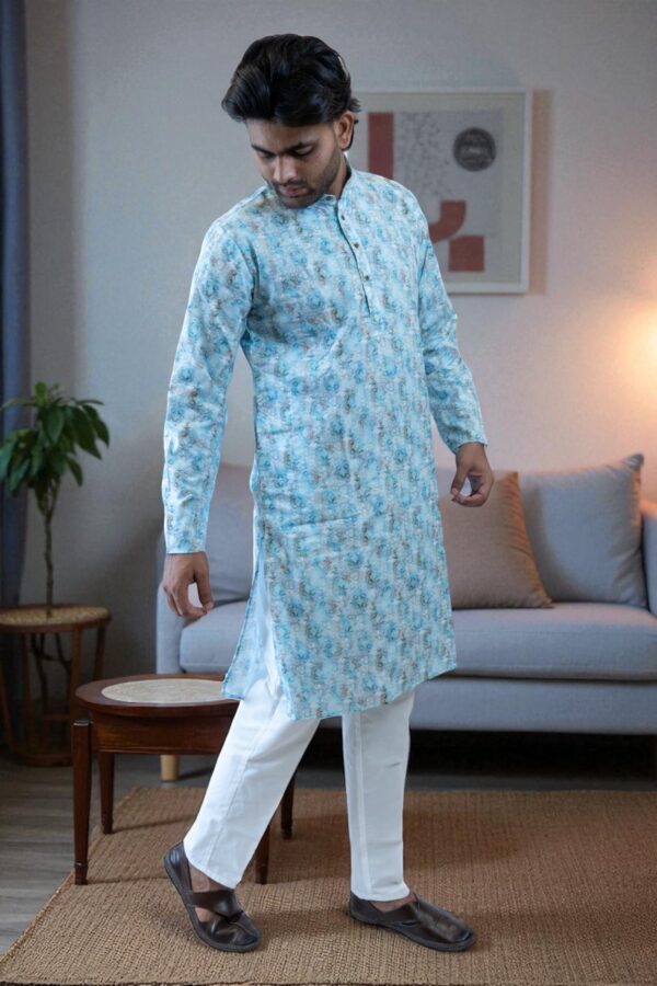 Sky Blue Printed Kurta Pajama – Cotton Fabric - Image 5
