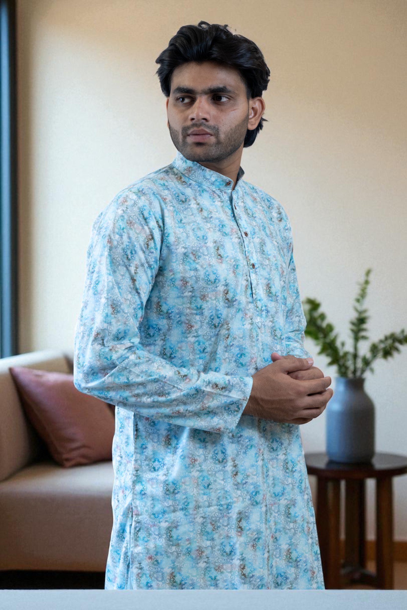 Sky Blue Printed Kurta Pajama – Cotton Fabric