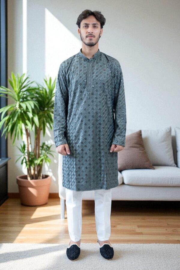 Grey Thread Work and Sequin Design Kurta Pajama – Cotton Fabric - Image 3