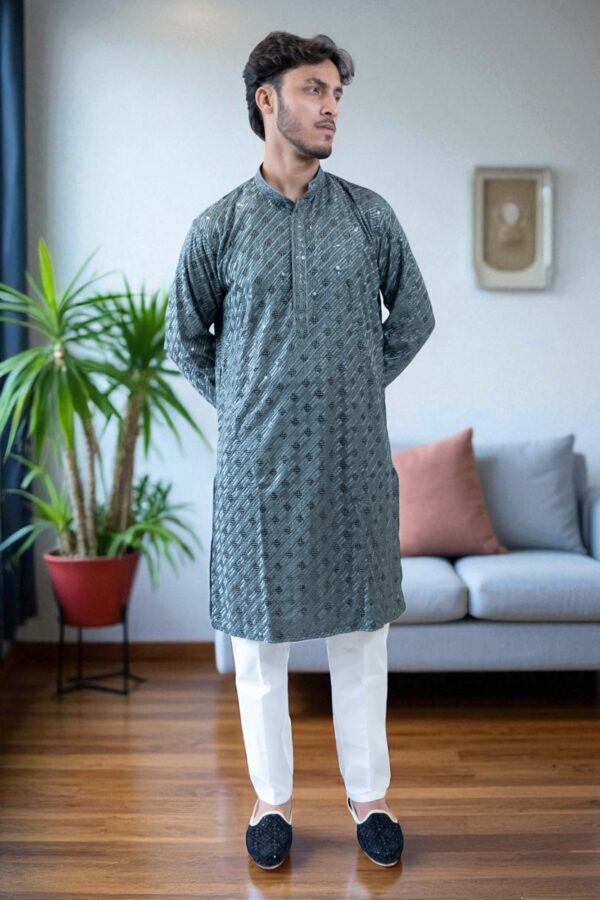 Grey Thread Work and Sequin Design Kurta Pajama – Cotton Fabric - Image 2