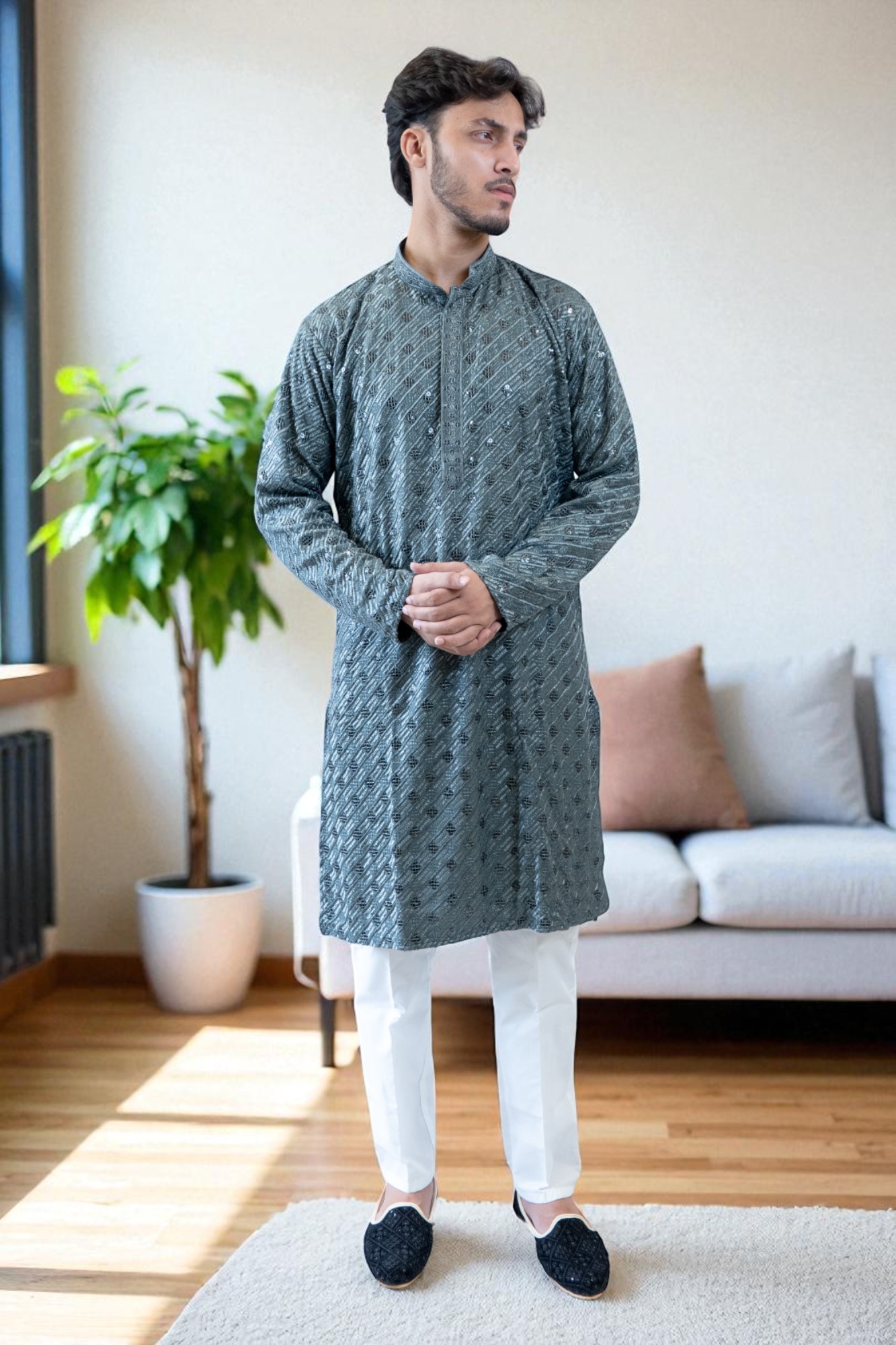 Grey Thread Work and Sequin Design Kurta Pajama – Cotton Fabric