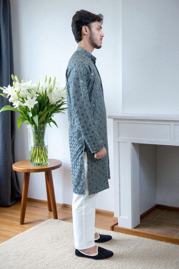 Grey Thread Work and Sequin Design Kurta Pajama – Cotton Fabric - Image 4