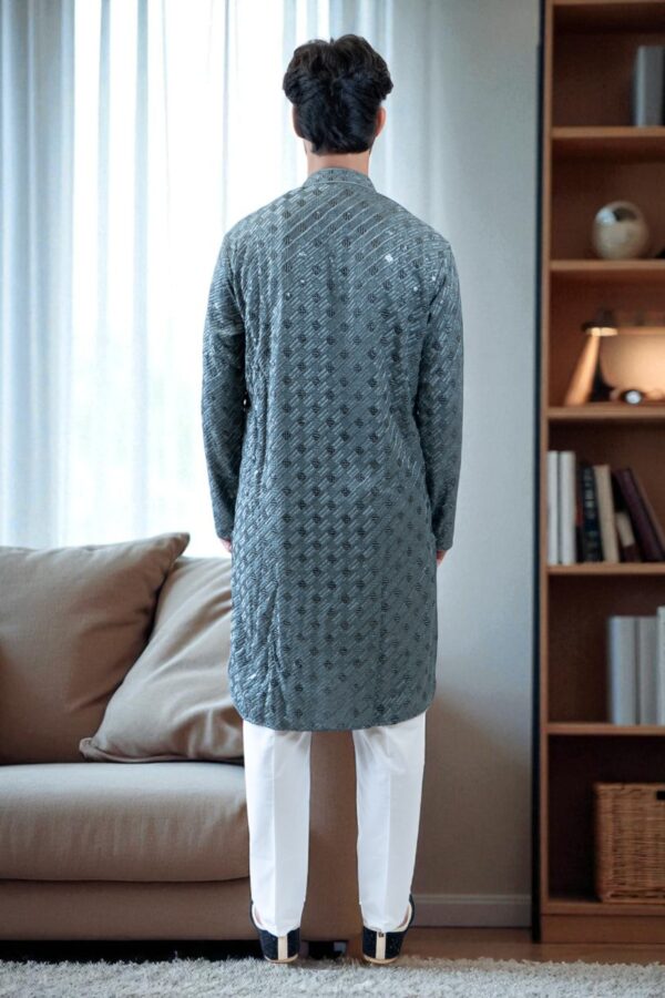 Grey Thread Work and Sequin Design Kurta Pajama – Cotton Fabric - Image 5