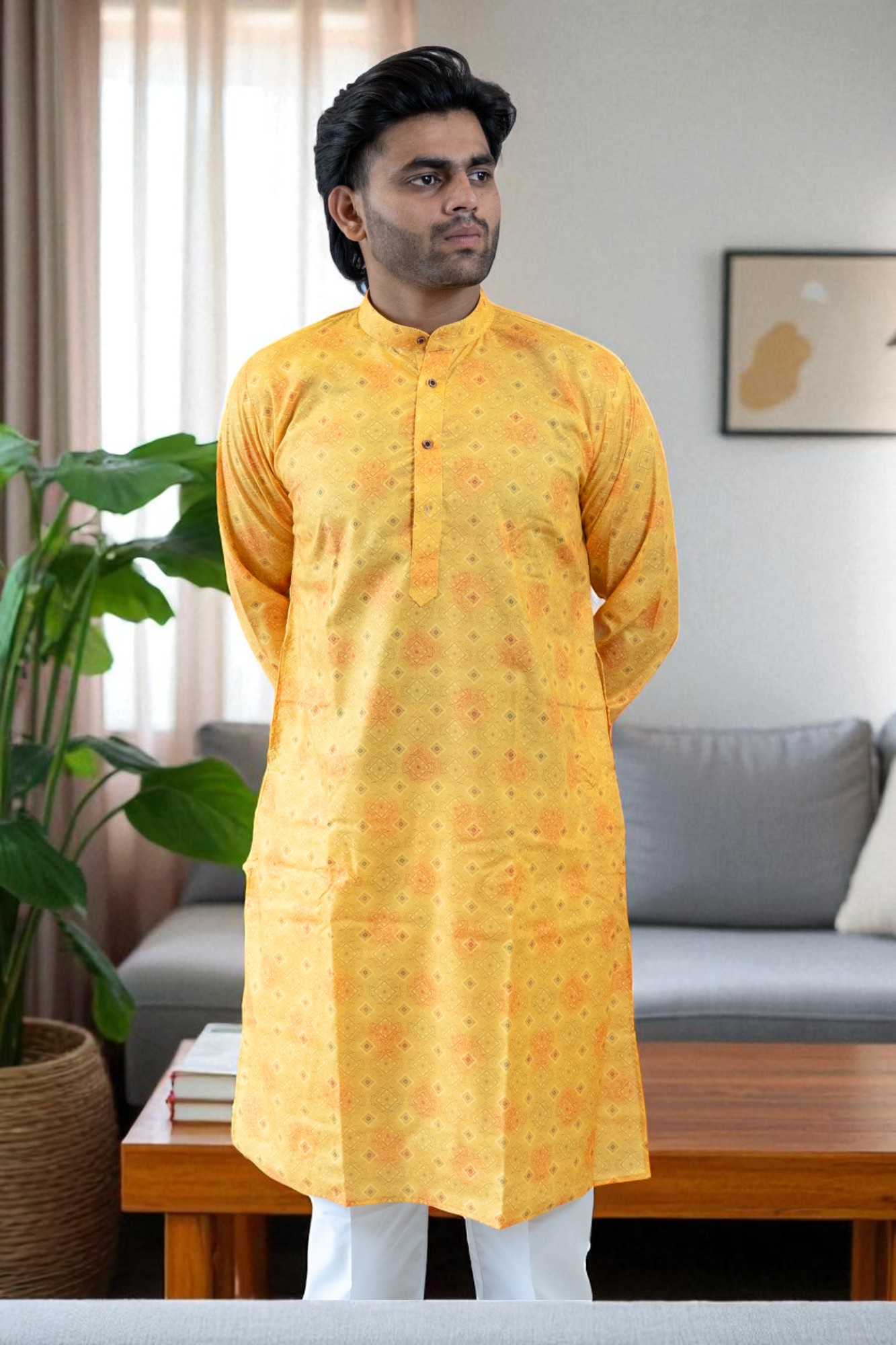 Yellow Printed Kurta Pajama – Party & Daily Wear