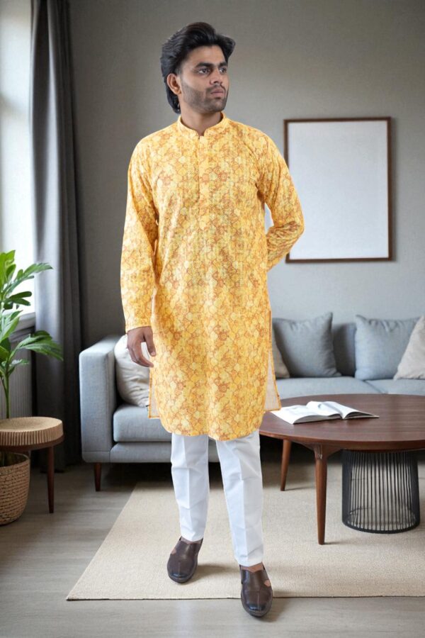 Designer Yellow Cotton Printed Kurta Pajama Fabric Online - Image 2