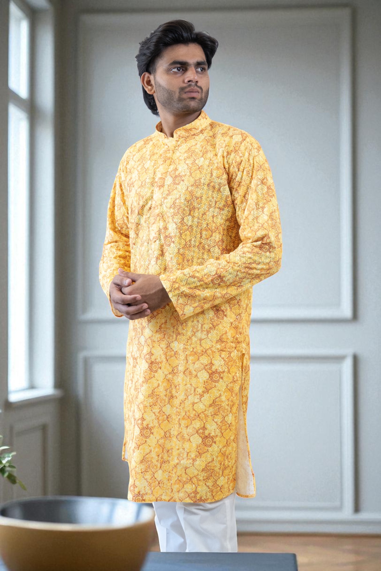 Designer Yellow Cotton Printed Kurta Pajama Fabric Online