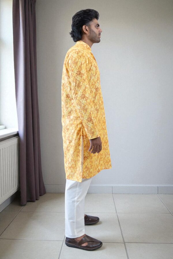 Designer Yellow Cotton Printed Kurta Pajama Fabric Online - Image 3