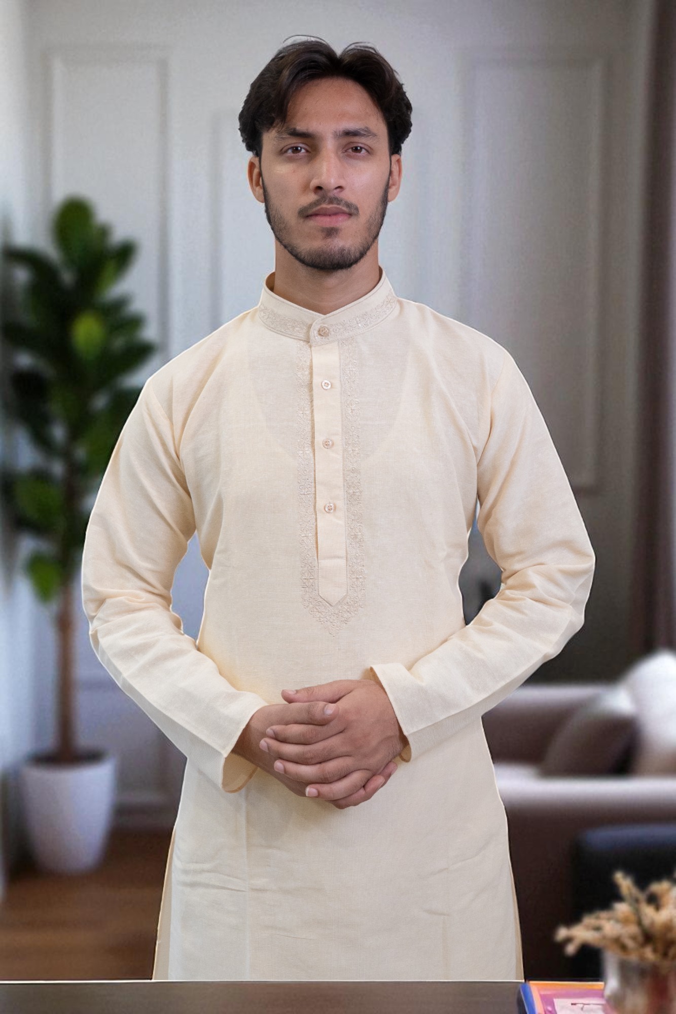 Cotton Kurta Pajama with Full Embroidery Design