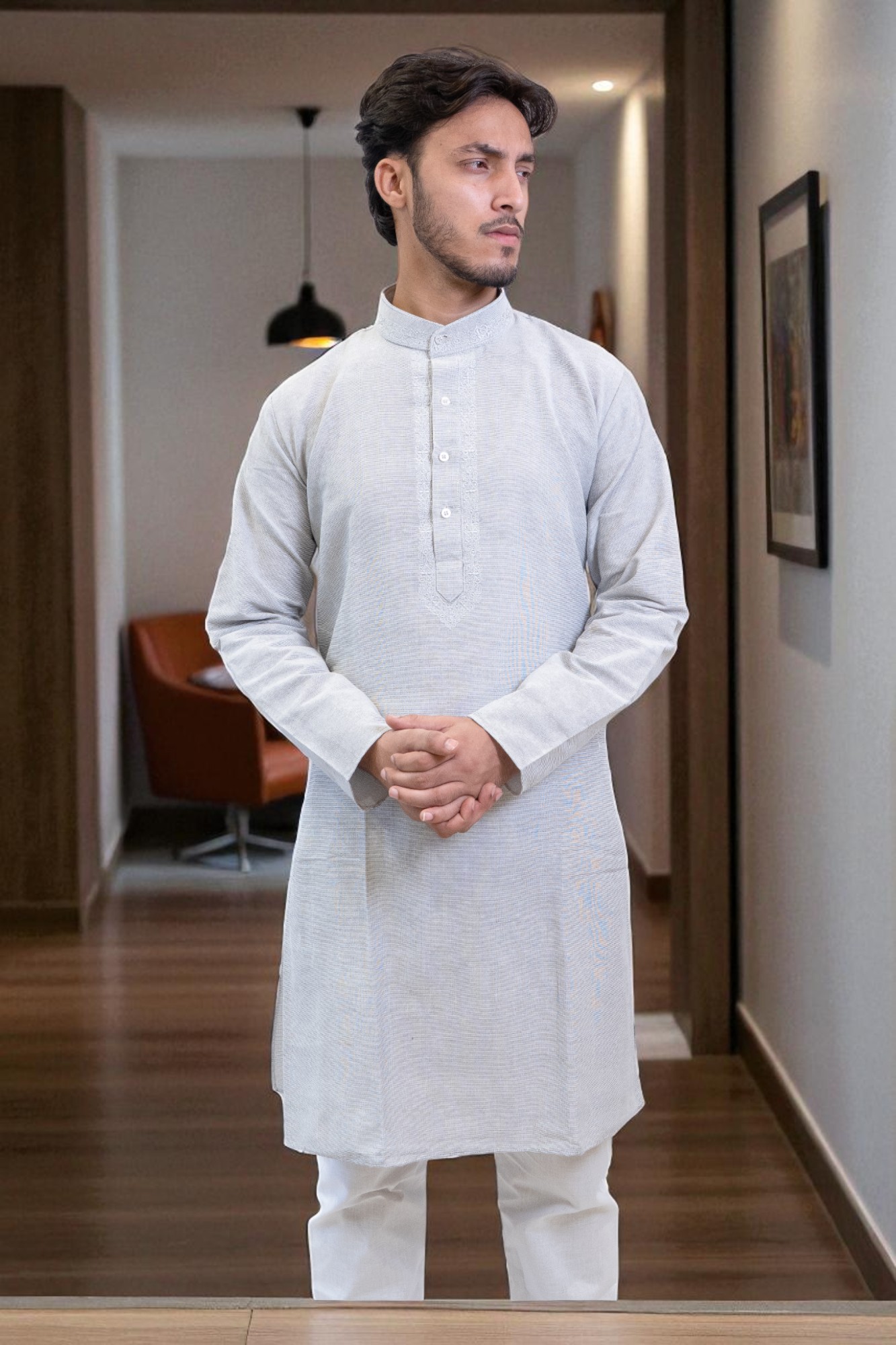 Cotton Kurta Pajama with Full Embroidery Gala Design
