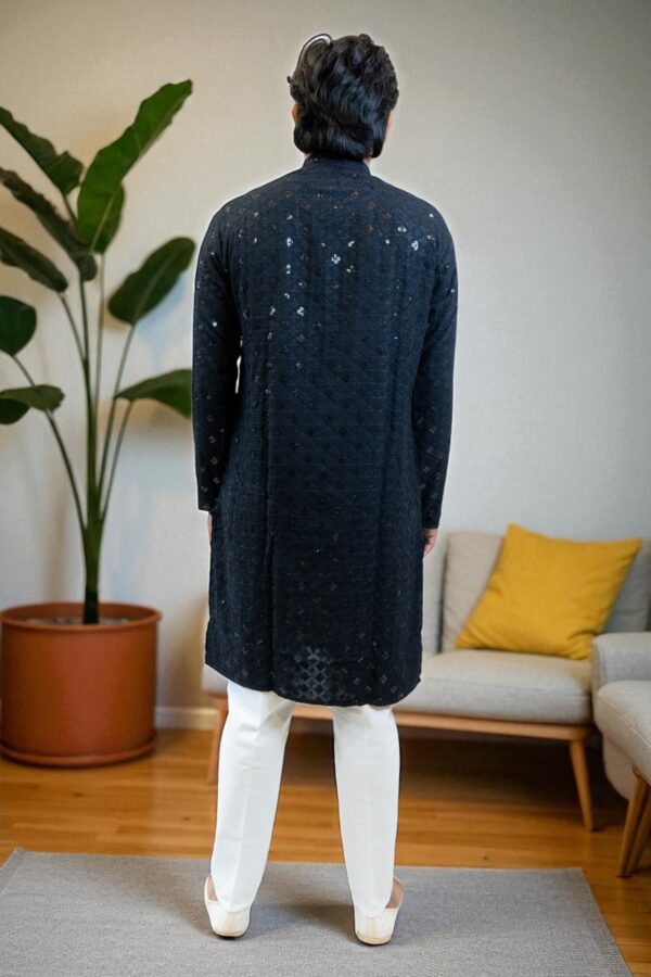 Black Kurta Pajama with Chikan Sequin Design – Cotton Rayon Fabric - Image 4