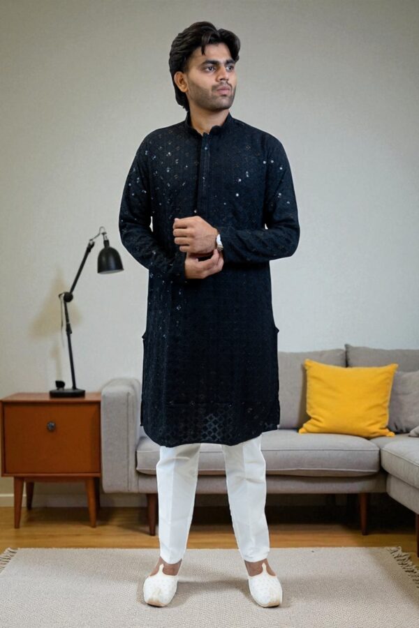 Black Kurta Pajama with Chikan Sequin Design – Cotton Rayon Fabric - Image 2