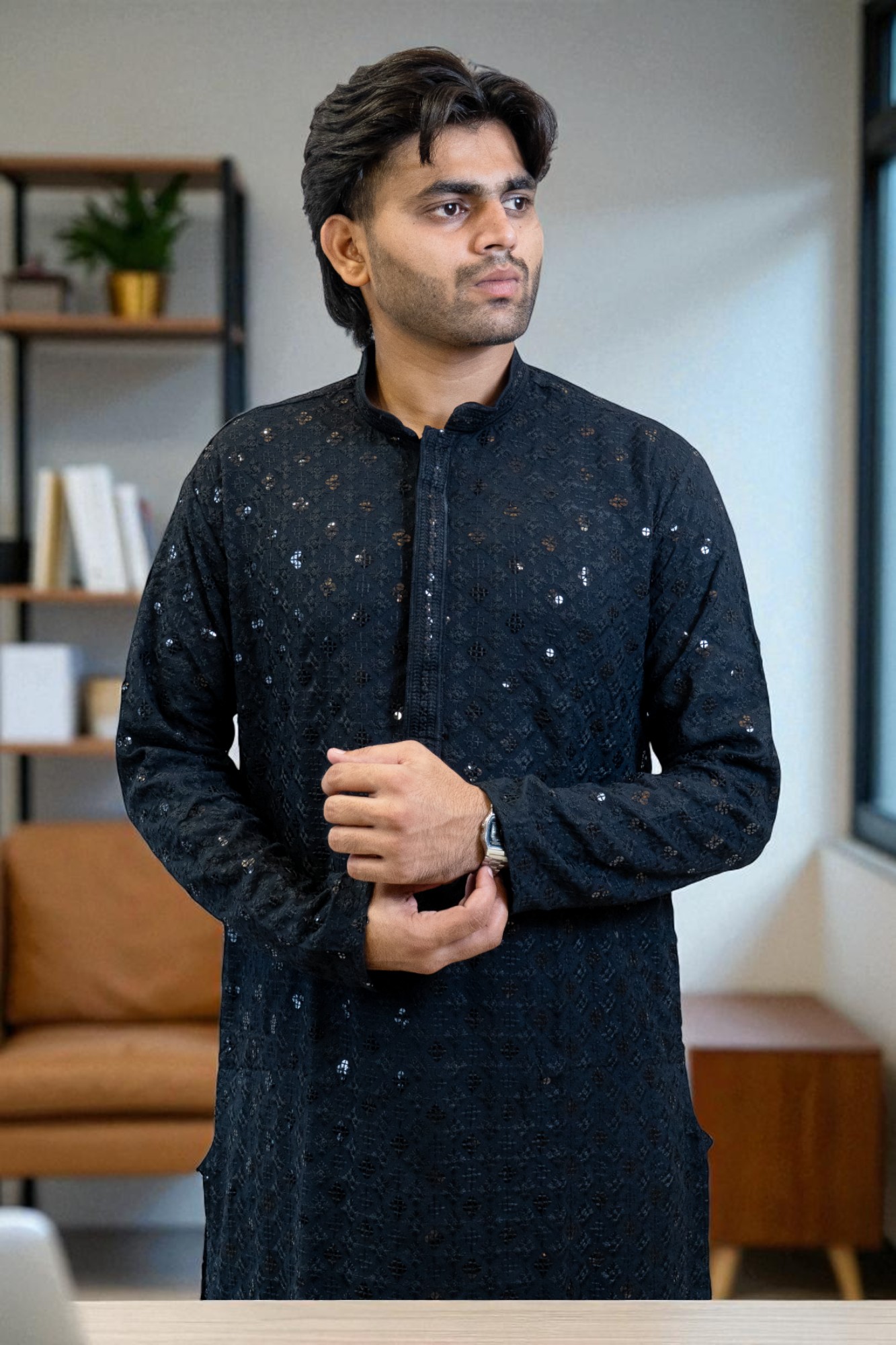 Black Kurta Pajama with Chikan Sequin Design – Cotton Rayon Fabric