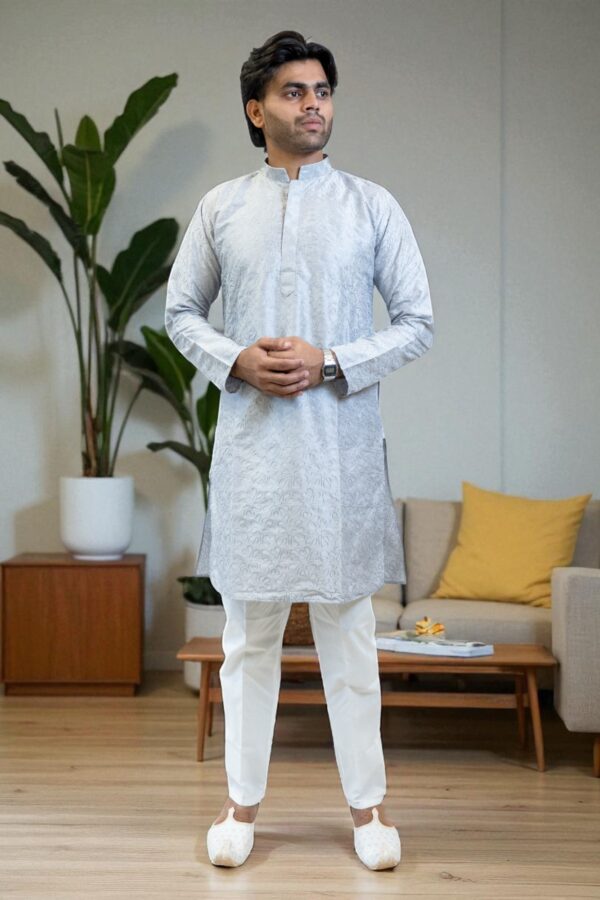 Sky Blue Kurta Pajama with Thread Work – Premium Silk Fabric - Image 5