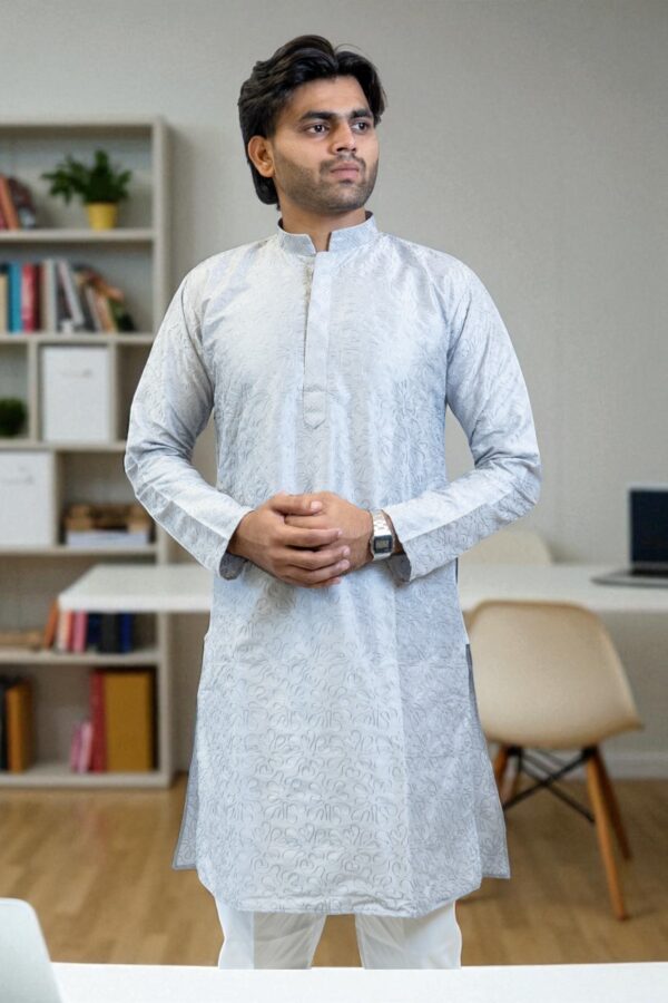Sky Blue Kurta Pajama with Thread Work – Premium Silk Fabric