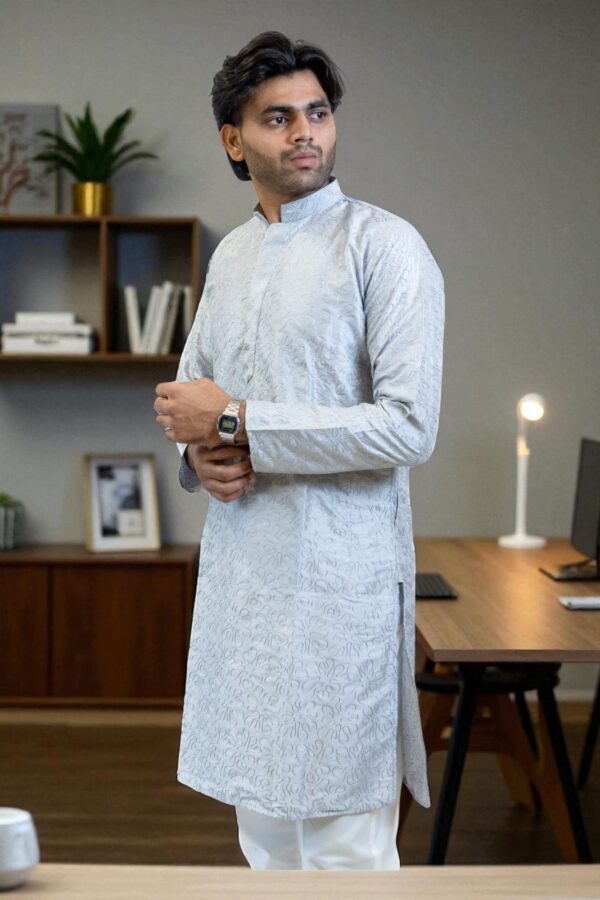 Sky Blue Kurta Pajama with Thread Work – Premium Silk Fabric - Image 6