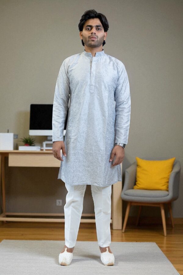 Sky Blue Kurta Pajama with Thread Work – Premium Silk Fabric - Image 2