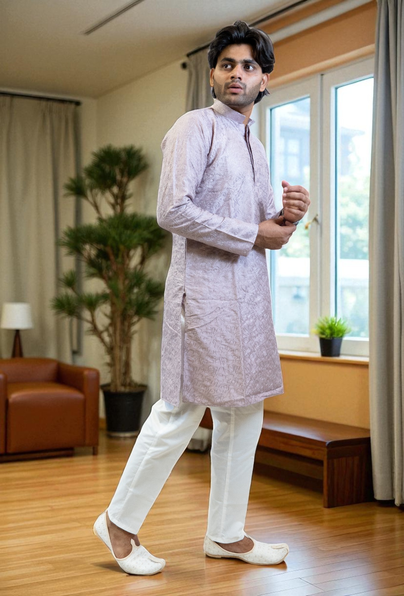 Lavender Kurta Pajama with Thread Work – Silk Fabric - Image 5