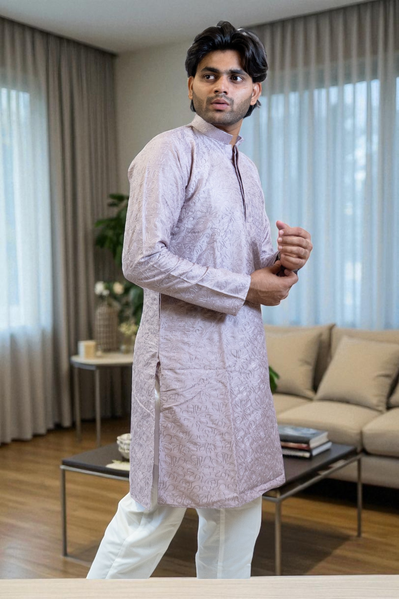 Lavender Kurta Pajama with Thread Work – Silk Fabric