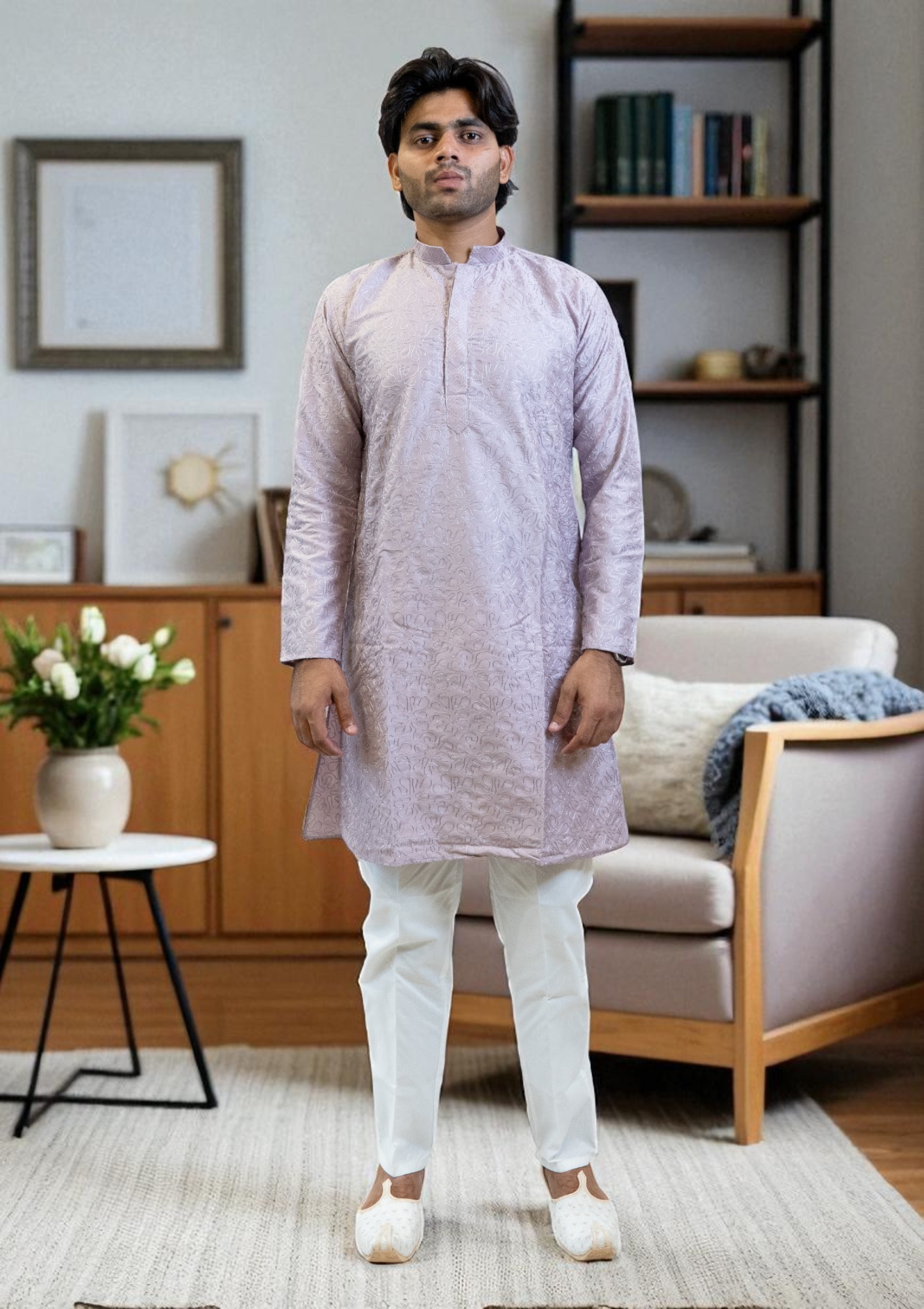 Lavender Kurta Pajama with Thread Work – Silk Fabric - Image 3