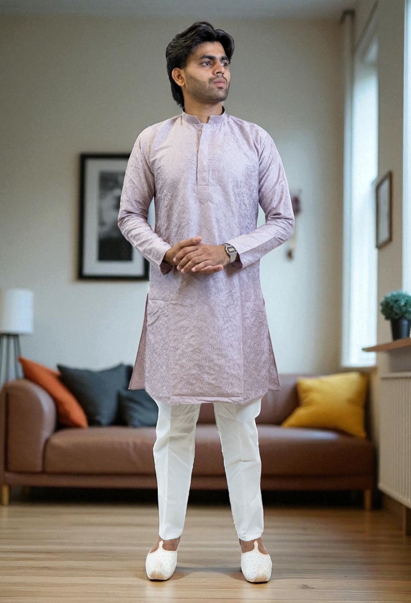 Lavender Kurta Pajama with Thread Work – Silk Fabric - Image 4