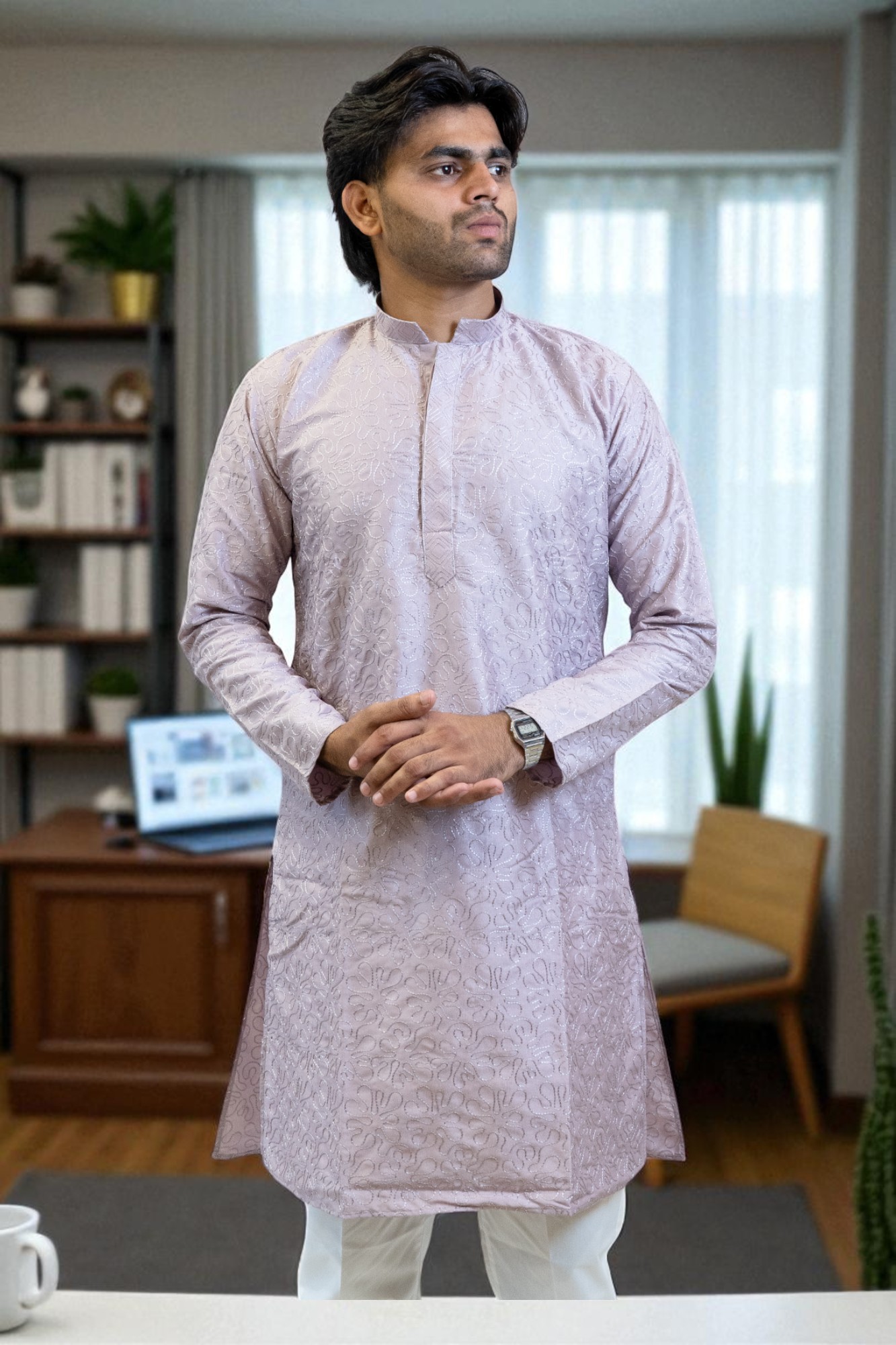 Lavender Kurta Pajama with Thread Work – Silk Fabric - Image 2