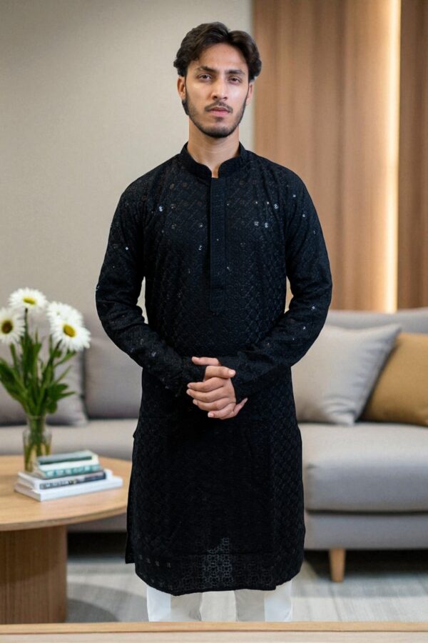 Black Chikan Sequin Design Party Wear Kurta Pajama - Image 2