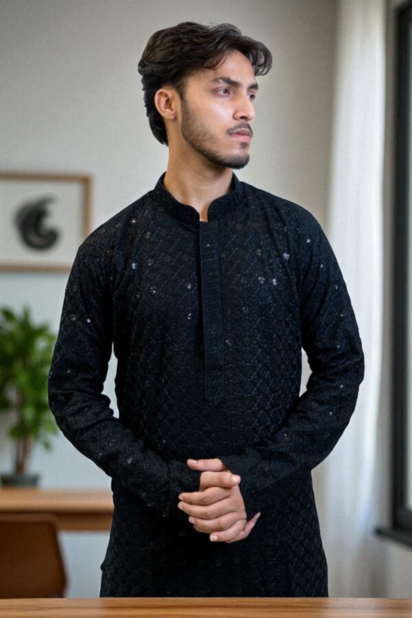Black Chikan Sequin Design Party Wear Kurta Pajama