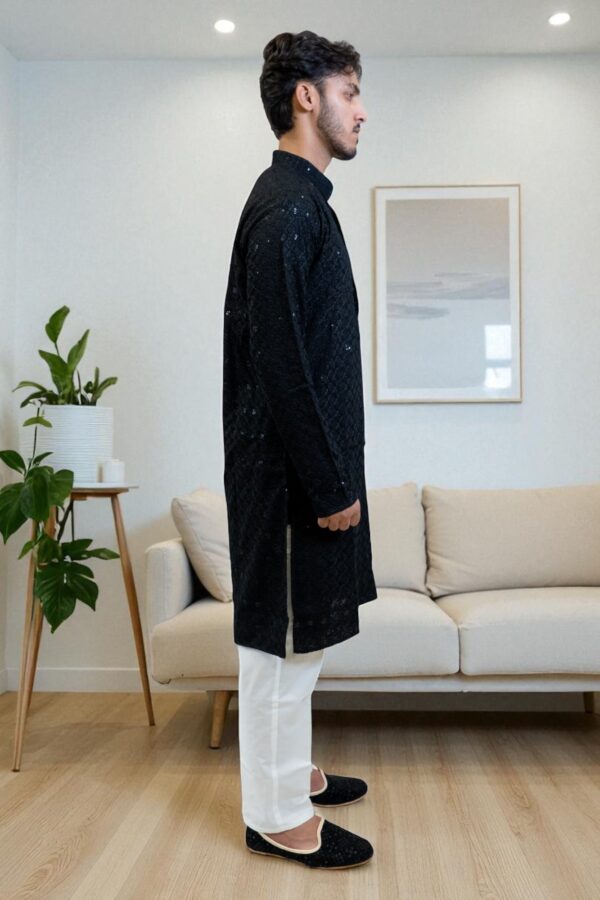 Black Chikan Sequin Design Party Wear Kurta Pajama - Image 3