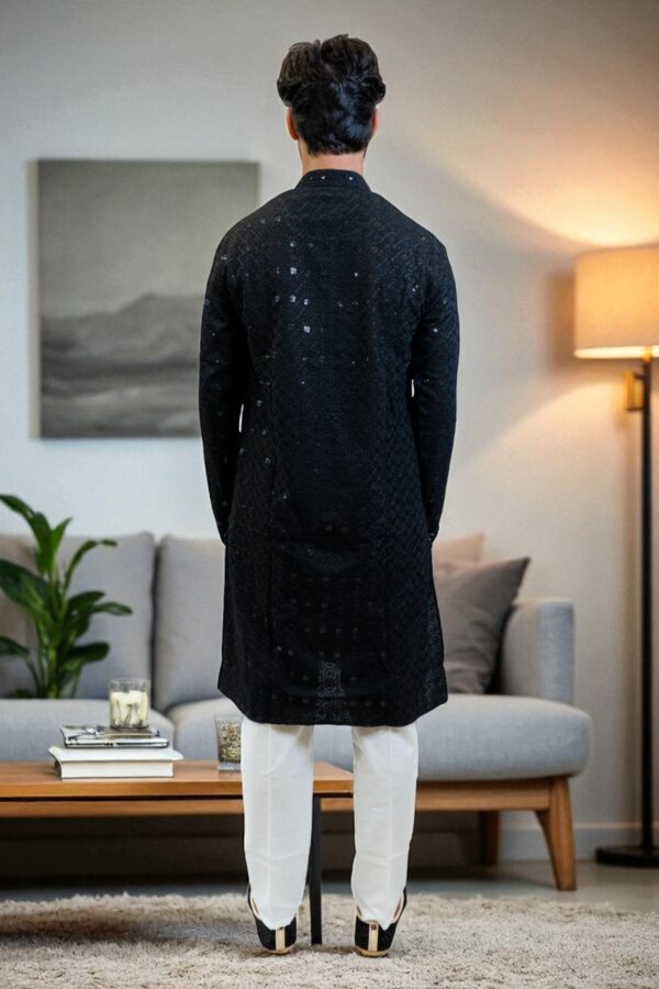 Black Chikan Sequin Design Party Wear Kurta Pajama - Image 4