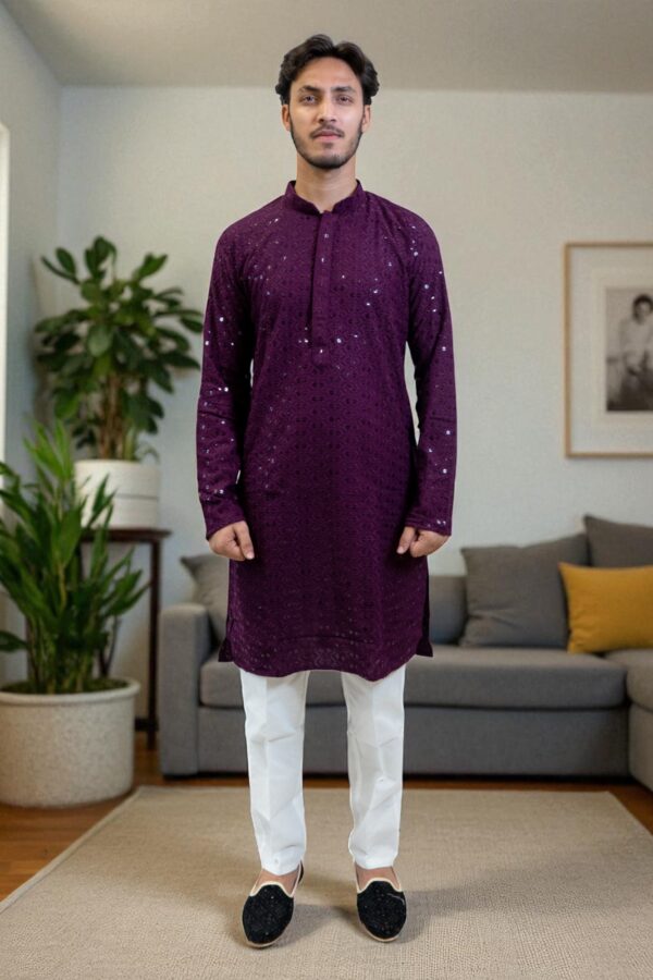 Purple Chicken Sequin Kurta Pajama Set for Men - Image 2