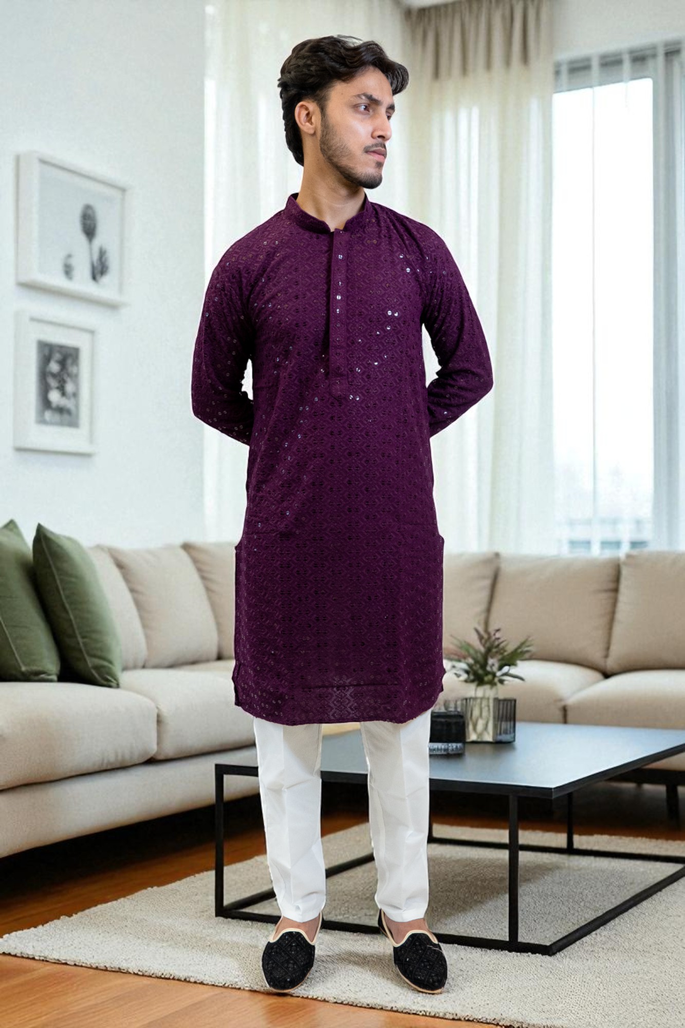 Purple Chicken Sequin Kurta Pajama Set for Men