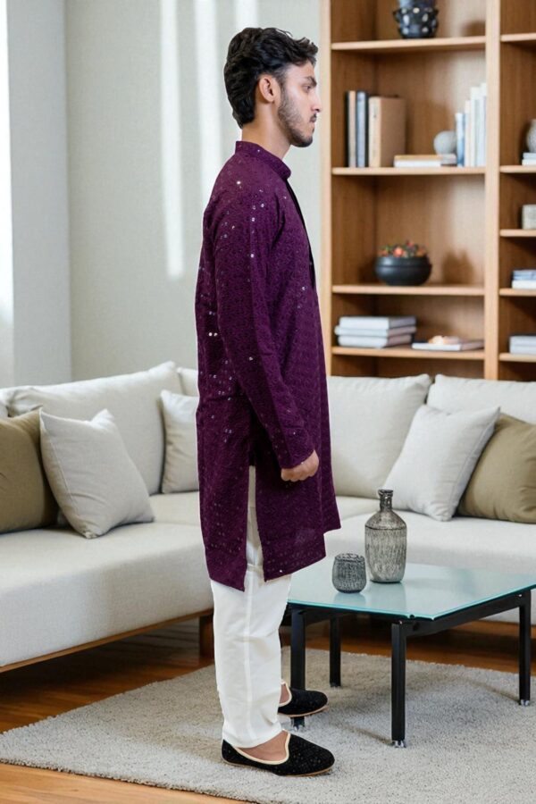 Purple Chicken Sequin Kurta Pajama Set for Men - Image 5