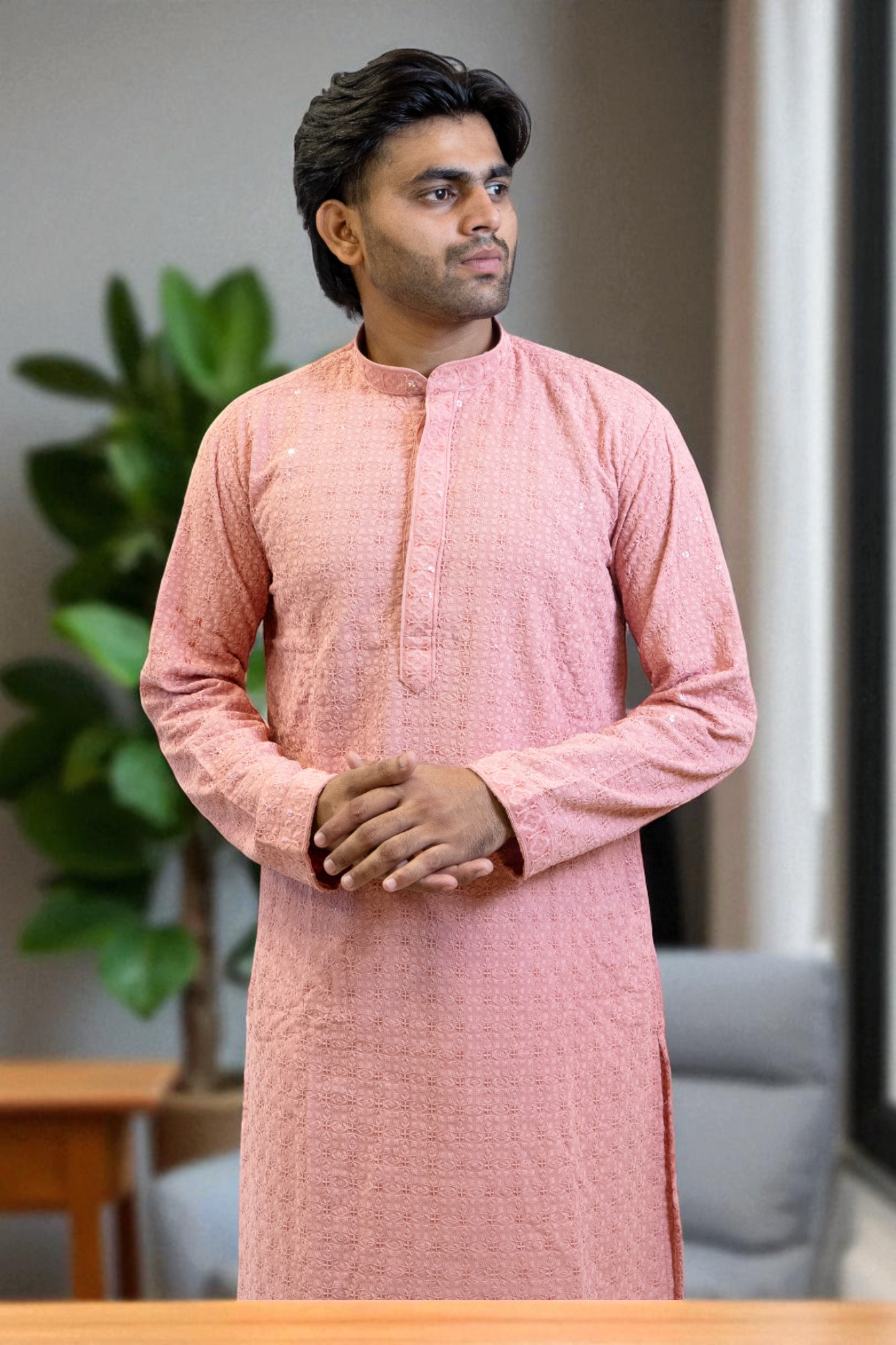 Peach Kurta Pajama with Elegant Work – Wedding & Occasion Wear