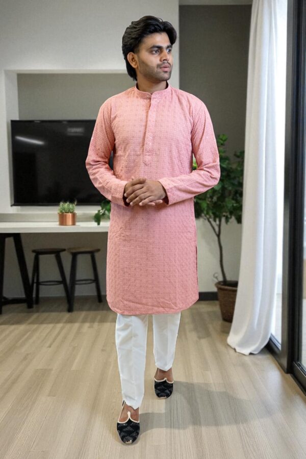 Peach Kurta Pajama with Elegant Work – Wedding & Occasion Wear - Image 3