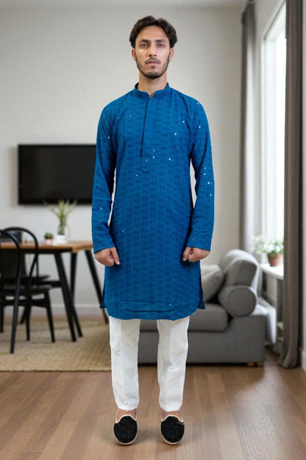 Light Blue Chikan Sequin Kurta Pajama – Party & Occasion Wear - Image 3
