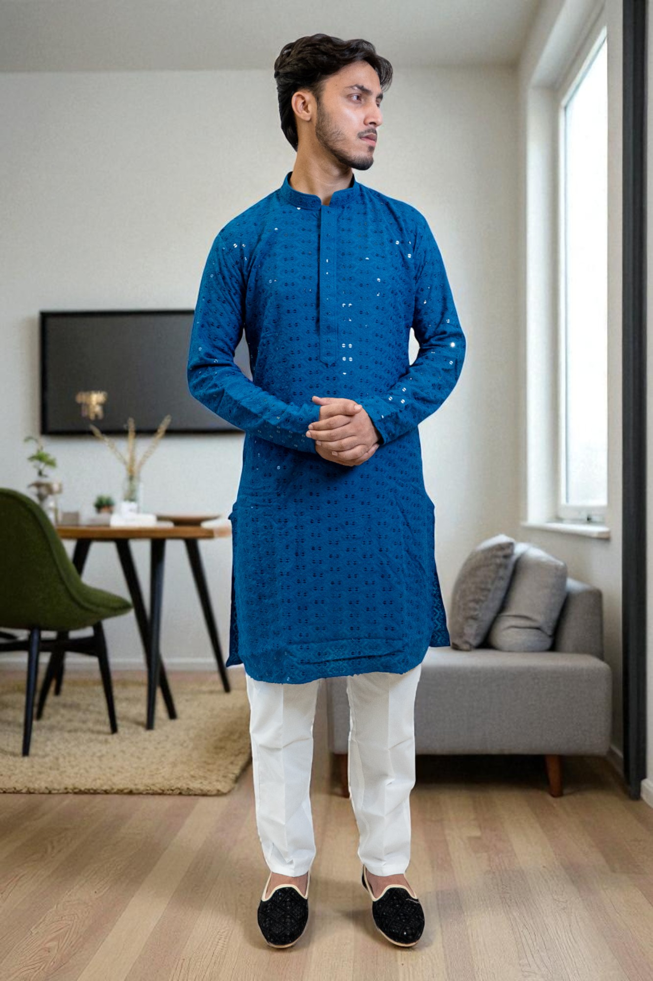 Light Blue Chikan Sequin Kurta Pajama – Party & Occasion Wear