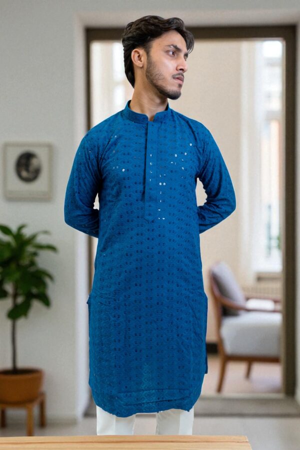 Light Blue Chikan Sequin Kurta Pajama – Party & Occasion Wear - Image 4