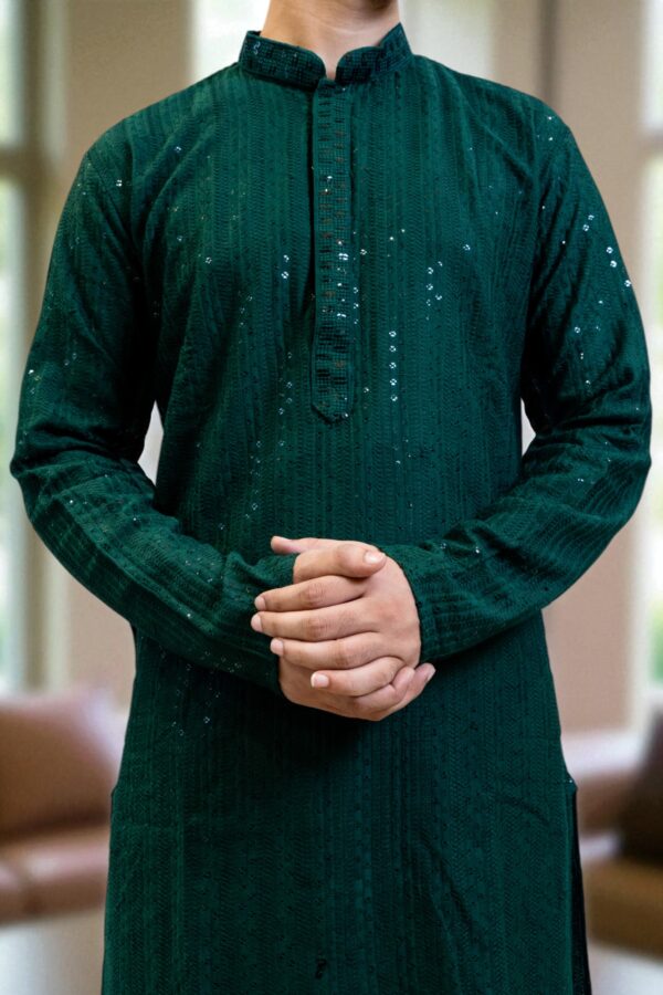 Green Chikan Sequin Kurta Pajama for Men Party Wear - Image 3